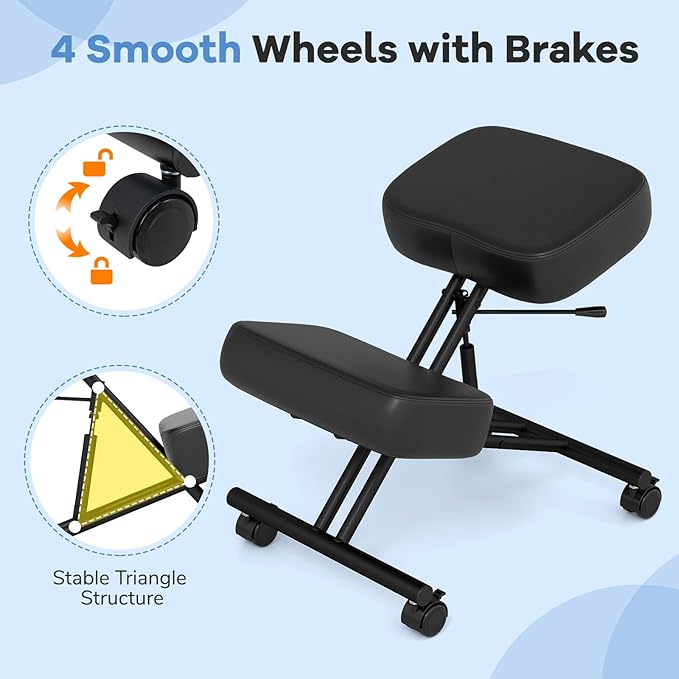 Goplus Kneeling Chair, Upholstered Mobile Desk Chair w/Adjustable Height, Thickened Sponge Cushion, 4 Lockable Universal Wheels, Office Home Padded Stool with Angled Seat, Black (1)