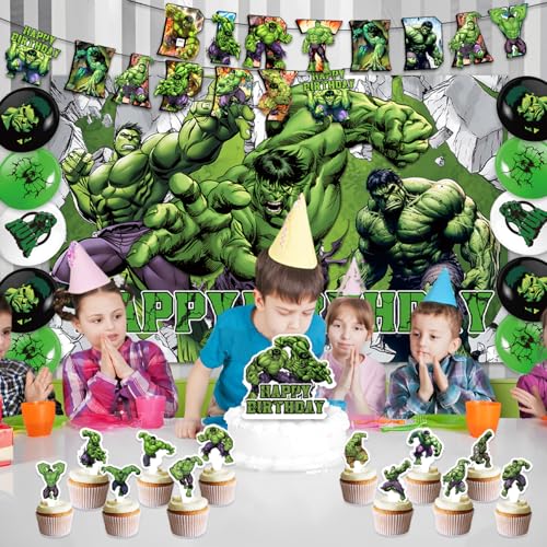 42pcs Hulks Birthday Party Supplies Pack Includes，Banner，Cake Topper，Blackdrop,Balloons for Hulks party Decoration