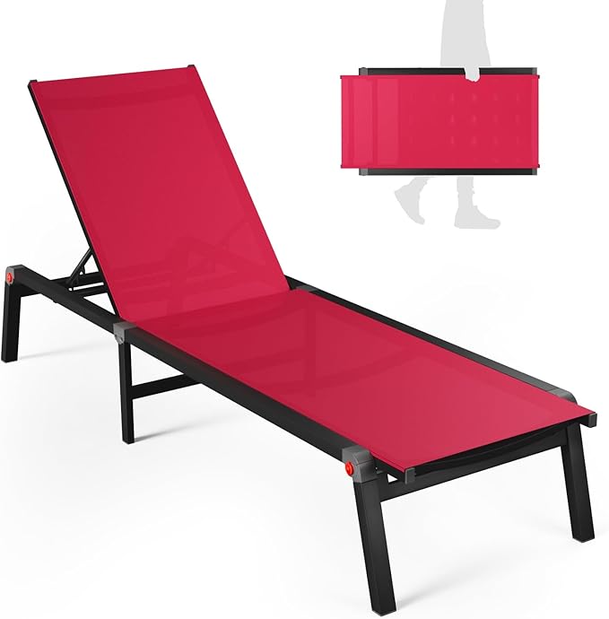 Aluminum Chaise Foldable Patio Lounge Chair Outdoor, Metal Deck Lounger Adjustable 5-Position Recliner Pool Chase Breathable Full Flat Outside Sun Tanning Chairs for Beach/Poolside/Lawn(Red, 1 Pack)