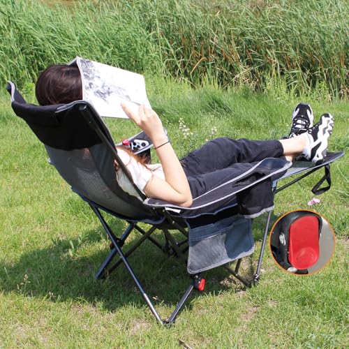 POEPORE Reclining Camping Chair with Removable Footrest Lounge Chair with Headrest, Cotton Cushion, Portable Adjustable Fo...