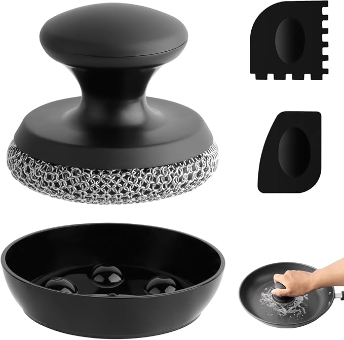 Cast Iron Scrubber Cleaner, Chainmail Scrubber for Cast Iron Pan Skillet, Dish Scouring Pad, 316 Stainless Steel Brush/Scraper for Metal Skillet Scrubbing, Wok, Dutch Oven Cleaning Kit - Thin Mesh