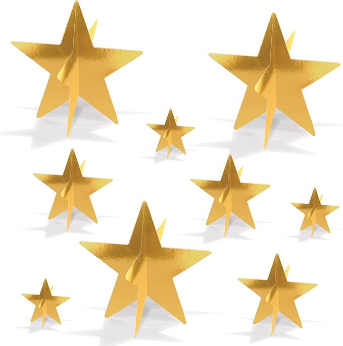 Beistle Gold 3-D Foil Star Centerpieces, 9-Count – Metallic Starry Table Decorations in 3 Sizes for New Year’s Eve, Awards...