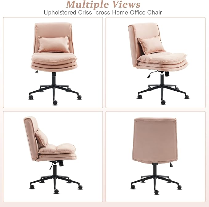 VINGLI Cloud Criss Cross Legged Chair,18" High Back Armless Home Office Desk Chair with Wheels,Wide Adjustable Comfy Padded Seat Task Computer Chair,Modern Swivel Makeup Vanity Chair,Microfiber,Pink