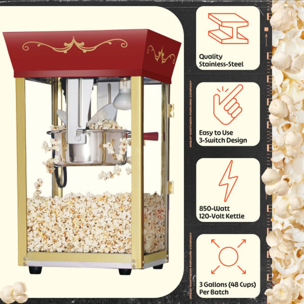 Matinee Popcorn Machine - 8oz Popper with Stainless-Steel Kettle, Reject Kernel Tray, Warming Light, and Accessories by Great Northern Popcorn (Red)