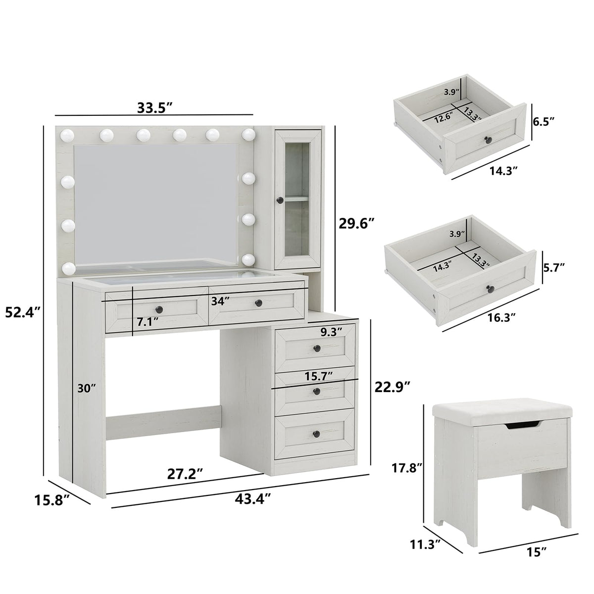 Diwnnue Large Farmhouse Mirror Vanity Desk with LED Bulbs White Makeup Table Set Glass Tabletop for Bedroom Charging Station & Power Outlet Adjustable Light Mode
