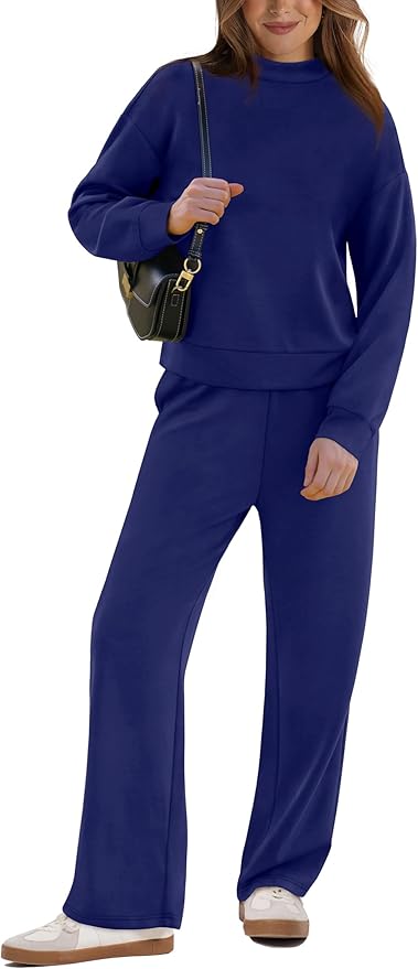 WIHOLL Two Piece Sets for Women Fall Outfits Lounge Sets Mock Neck Tops Wide Leg Pants Vacation Travel Airport Outfits