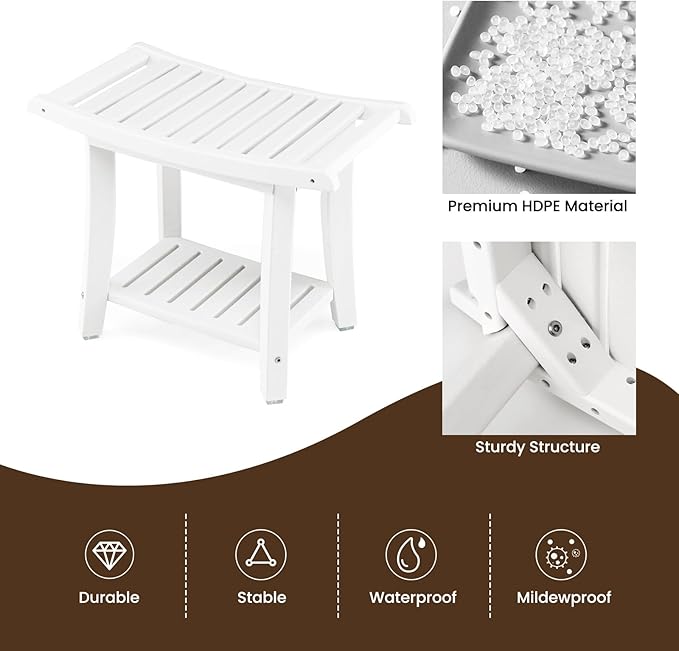 GOFLAME 2-Tier Shower Bench, Spa Bath Shower Stool with Curved Seat, 2 Easy-to-Grip Handles, Storage Shelf & Non-Slip Foot Pads, Waterproof Shower Chair for Bathroom, Living Room, Entryway, White