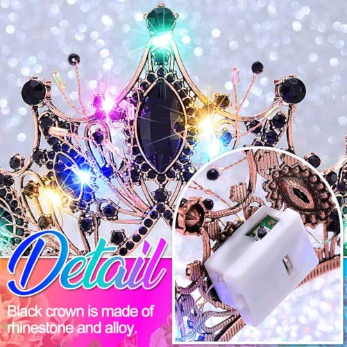 Kilshye Light Up Black Rhinestone Crown LED Gothic Tiara Headband Festival Costume Hair Accessoris for Women