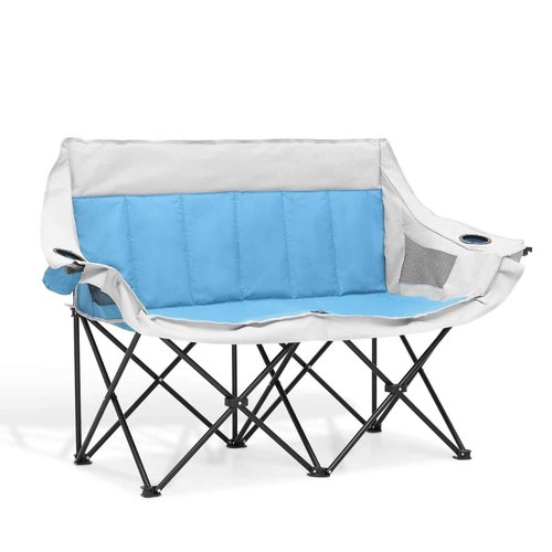 MoNiBloom Collapsible Double Camping Loveseat Chair Outdoor Beach Lawn Picnic Hiking Travel Portable Foldable Collapsible 2-Person Love Seat Camp Chair for Adults (Sky Blue and Light Gray)
