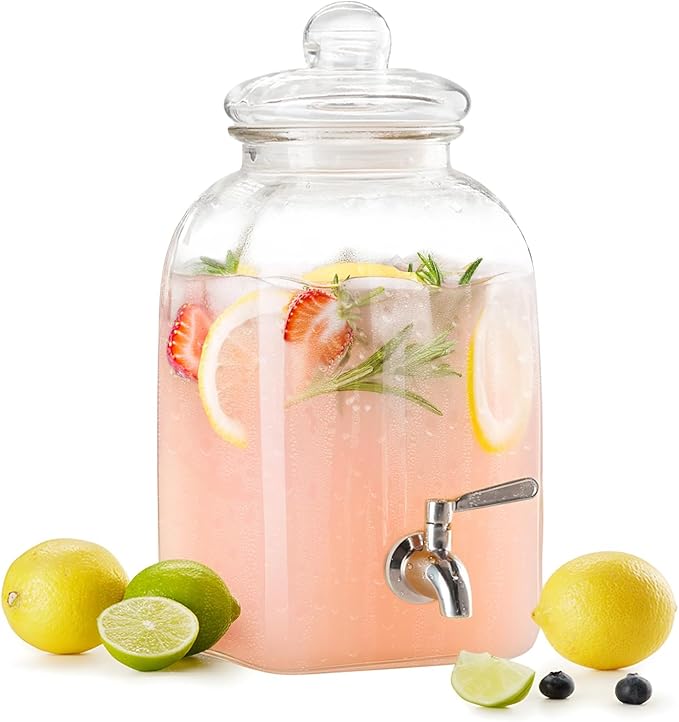 Kook Glass Drink Dispenser, with Leak-Proof Stainless Steel Spigot and Customizable Label Tag, Clear Mason Jar, Beverage S...