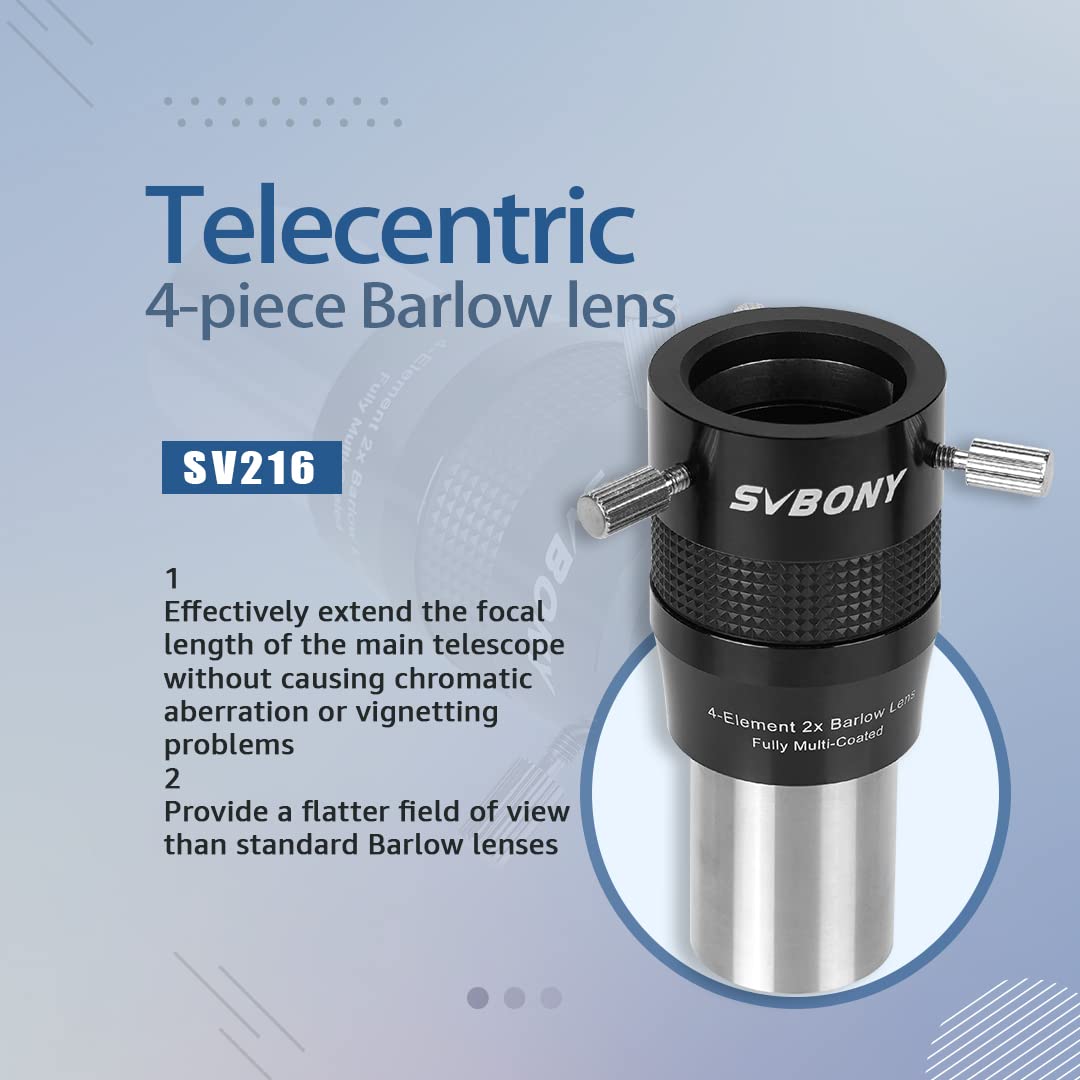 Svbony Sv216 2X Barlow Lens, 1.25Inch Fmc 4-Elements Apo Apochromatic Barlow, Double Magnification Telescope Accessories For Pla