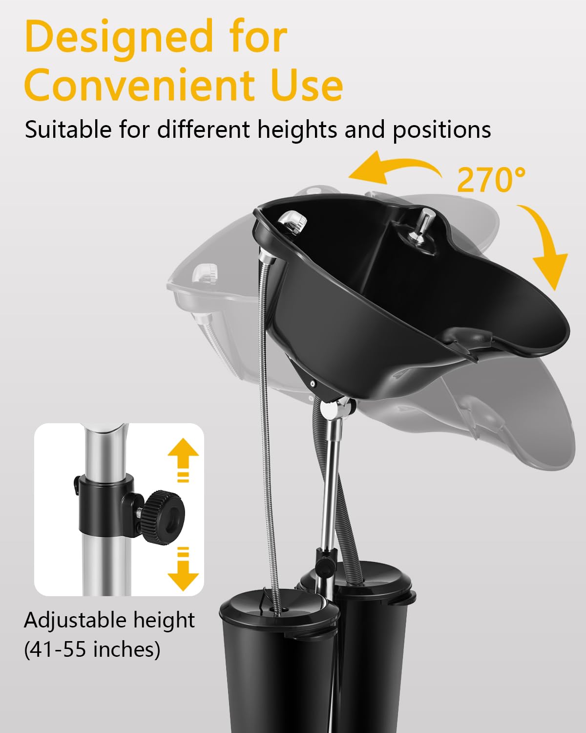 Artist hand Portable Shampoo Bowl with Electric Pump, Portable Hair Washing Sink for Home & Barber, Adjustable Height, Dual-Bucket Design, Drain Hoses, High-Pressure Sprayer, Foot Pedal Switch, Black