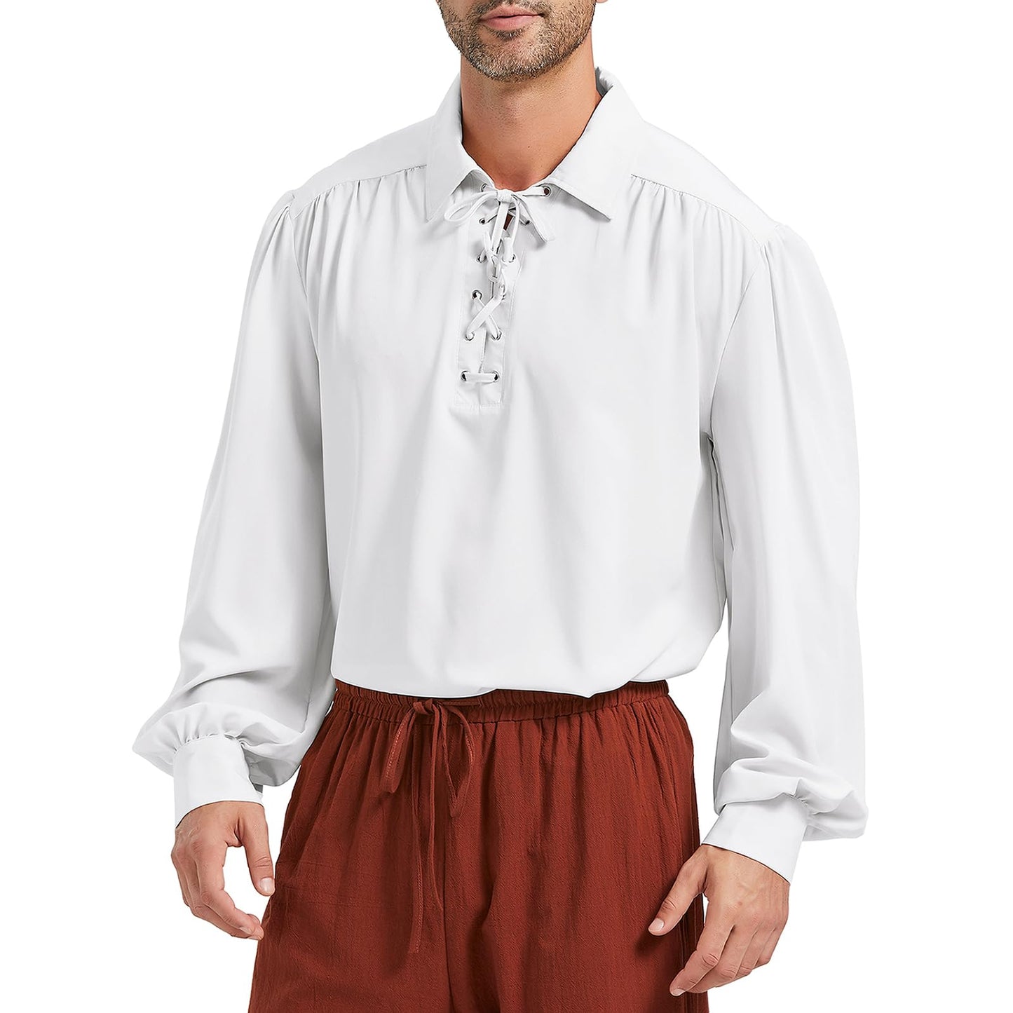 Pirate Shirt Men Renaissance Faire Costume Medieval Victorian Shirt Vampire Gothic Steampunk Costume Halloween Cosplay Tops White S