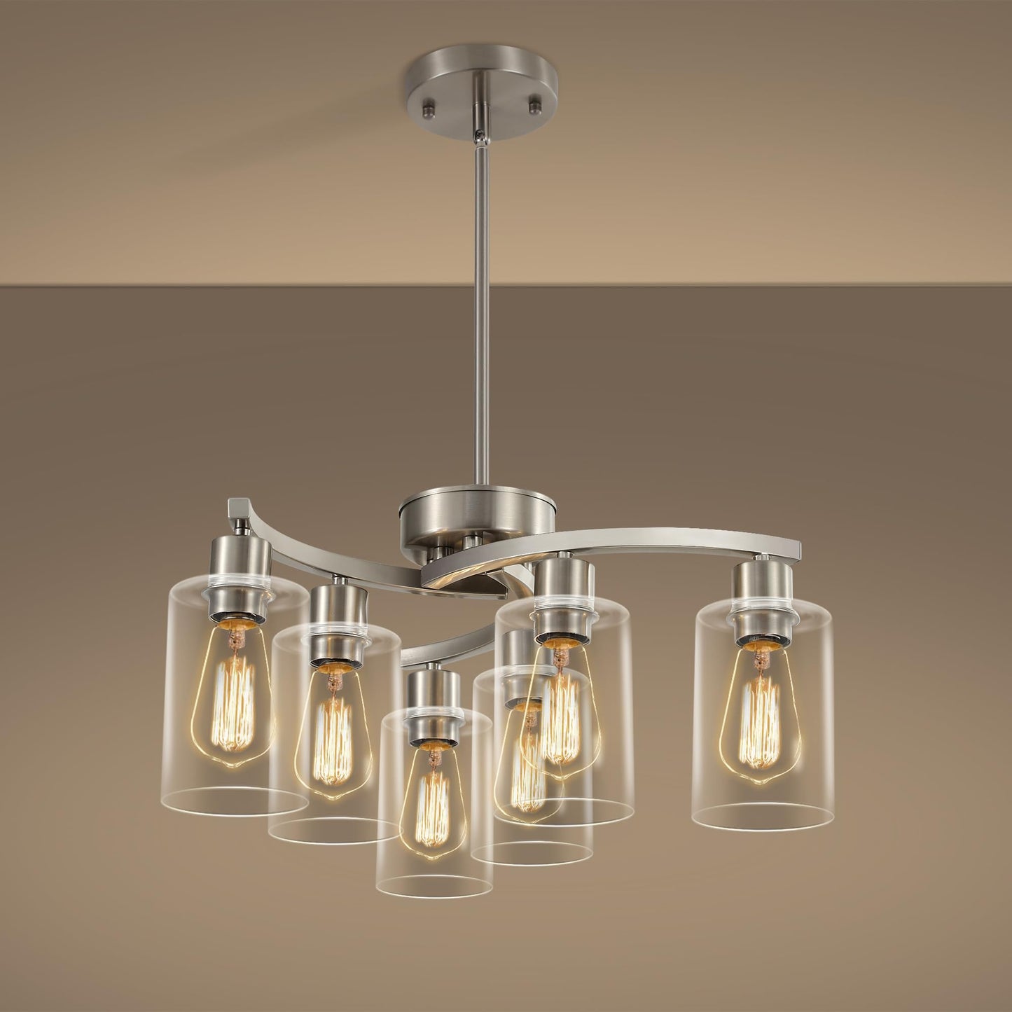 CNRATYE 6-Light Brushed Nickel Chandeliers for Dining Room Light Fixtures Over Table, Adjustable Height Hanging Industrial Pendant Lighting for Kitchen Island Bedroom, Clear Glass Shade