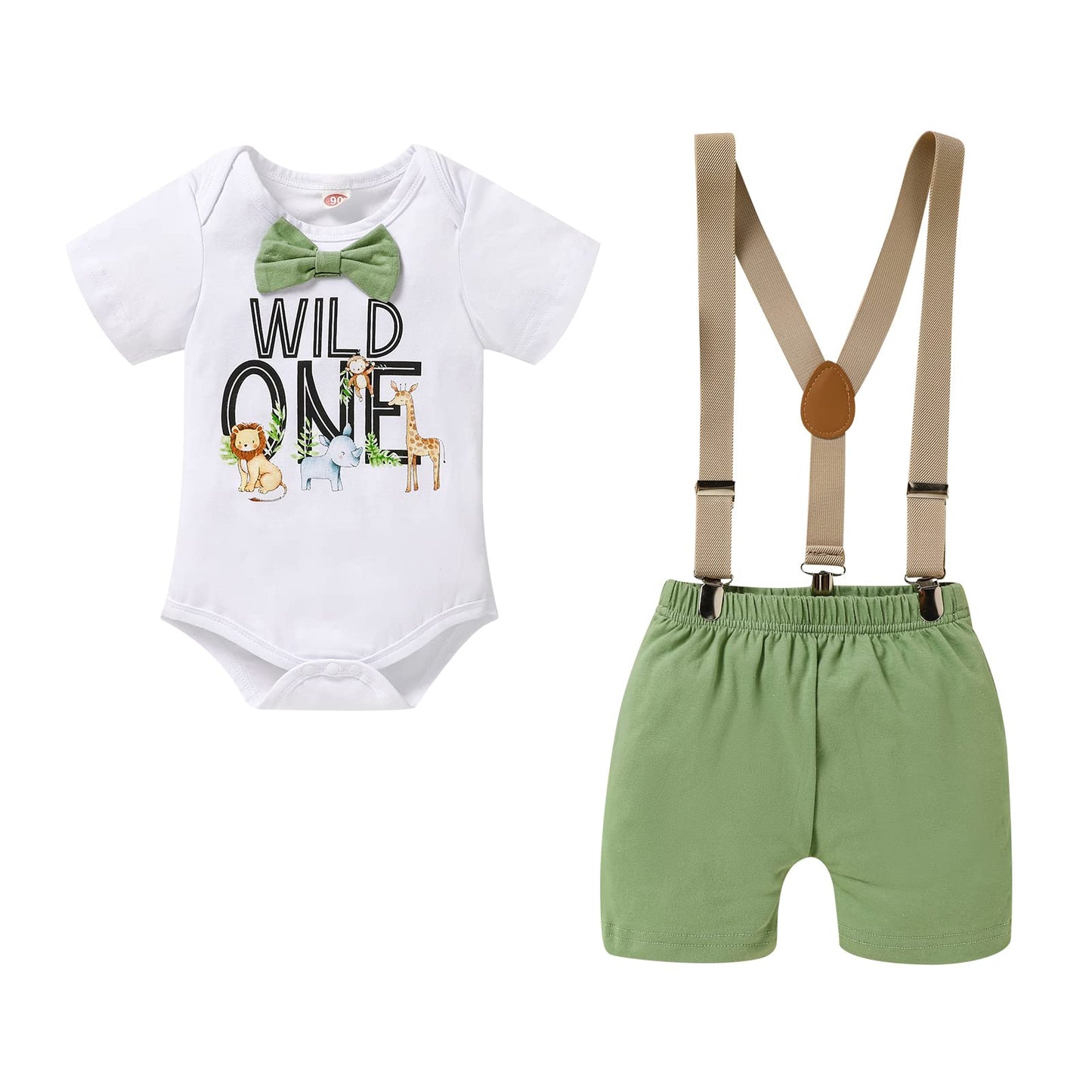 GRNSHTS Baby Boys 1st Birthday Cake Smash Outfit Wild One Bowtie Romper+Bloomers+Suspenders Photo Shoot Clothes Set (Light Green,12-18 Months)