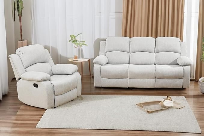A Ainehome Living Room Furniture Set Microfiber Recliner Sofa Set Loveseat Chair Furniture Sofa Set for Living Room/Small Space/Rv/House/Office/Theater Seating (A-Grey White Microfiber, Sofa+Chairs)