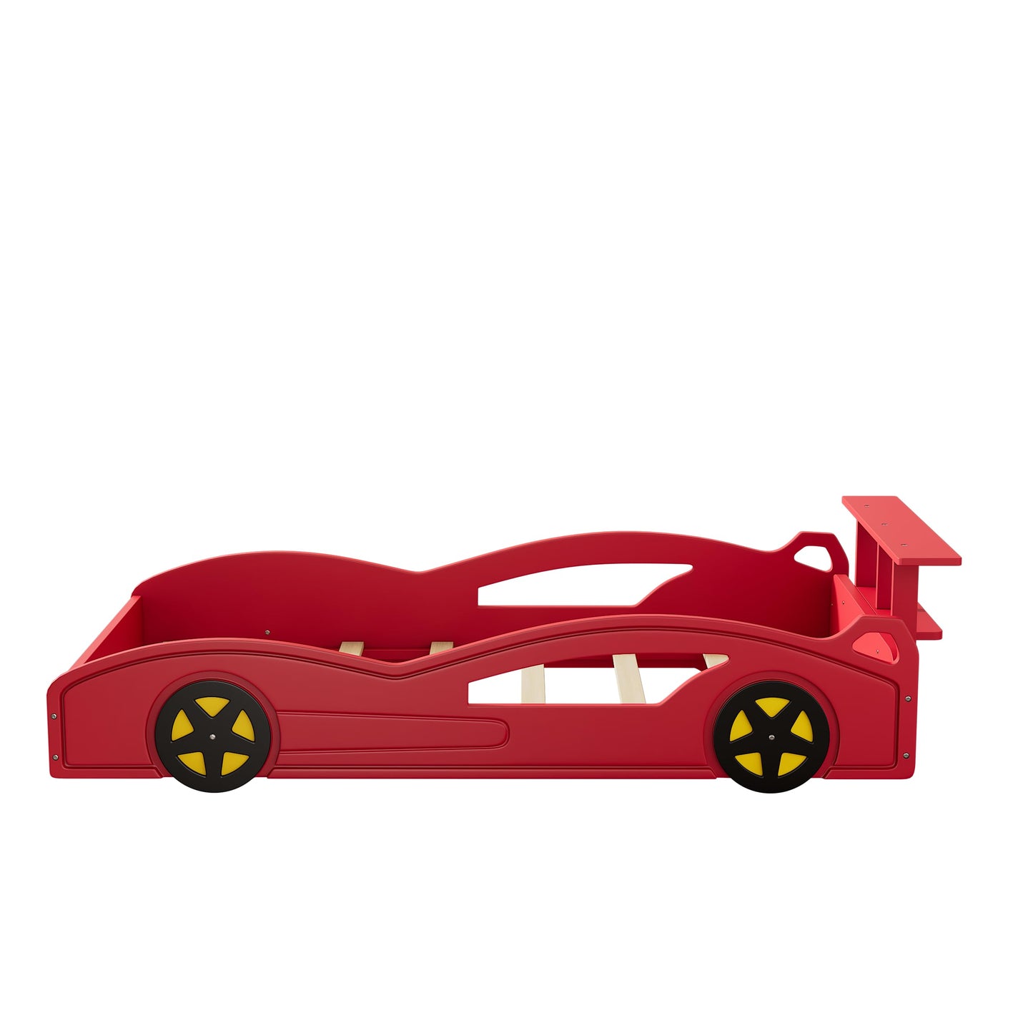 Twin Size Bed Frame for Kids, Twin Floor Bed with Rails, Wooden Race Car Bed, Car-Shaped Platform Twin Bed with Wheels,Mattress Foundation,Wood Slat Support, No Box Spring Needed, Red