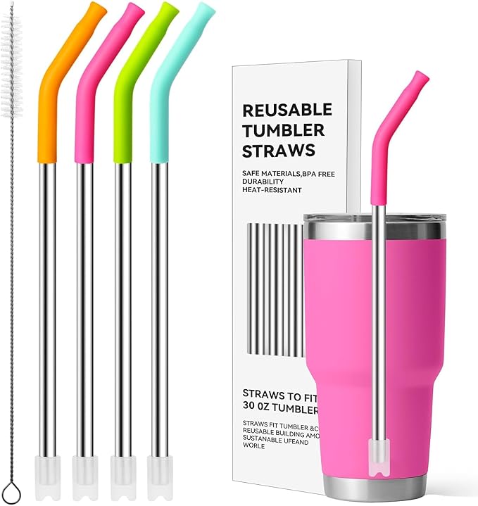 Metal Straws with Silicone Tip for 30 oz YETI Tumbler, 4 Pcs Reusable Stainless Steel Straws for 30 oz 35 oz YETI Cup(Color 4)