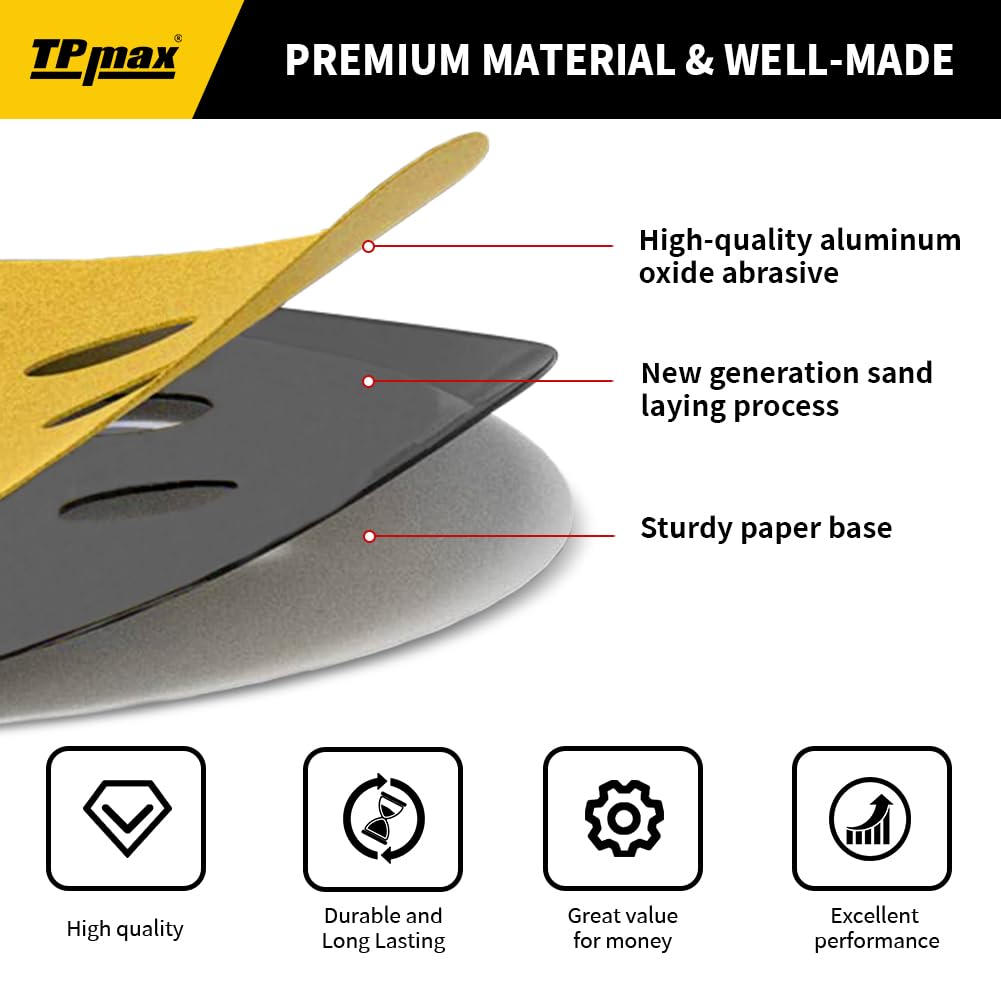 100PCS 5 Inch 240 Grit 125mm 8 Hole Sanding Discs Sandpaper - Premium Gold Round Hook and Loop for Random Orbital Sander - Ideal for Wood, Metal, Automotive