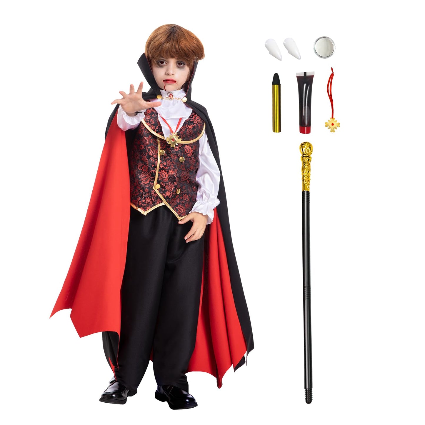Vampire Costume for Boys Scary Halloween Party, Vampire Teeth Cosmetic Kit Included