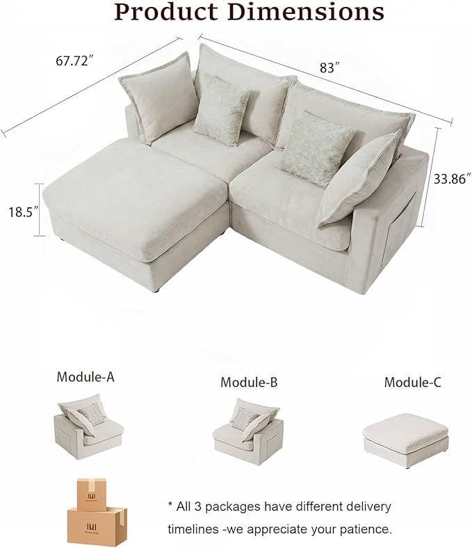 ModernMate 83" Modular Sectional Sofa, L Shaped Couch Set for Living Room, Down Filled Cloud Couch with Storage Ottoman, 2 Seater Loveseat Deep Seat Sofa, Chenille, Beige