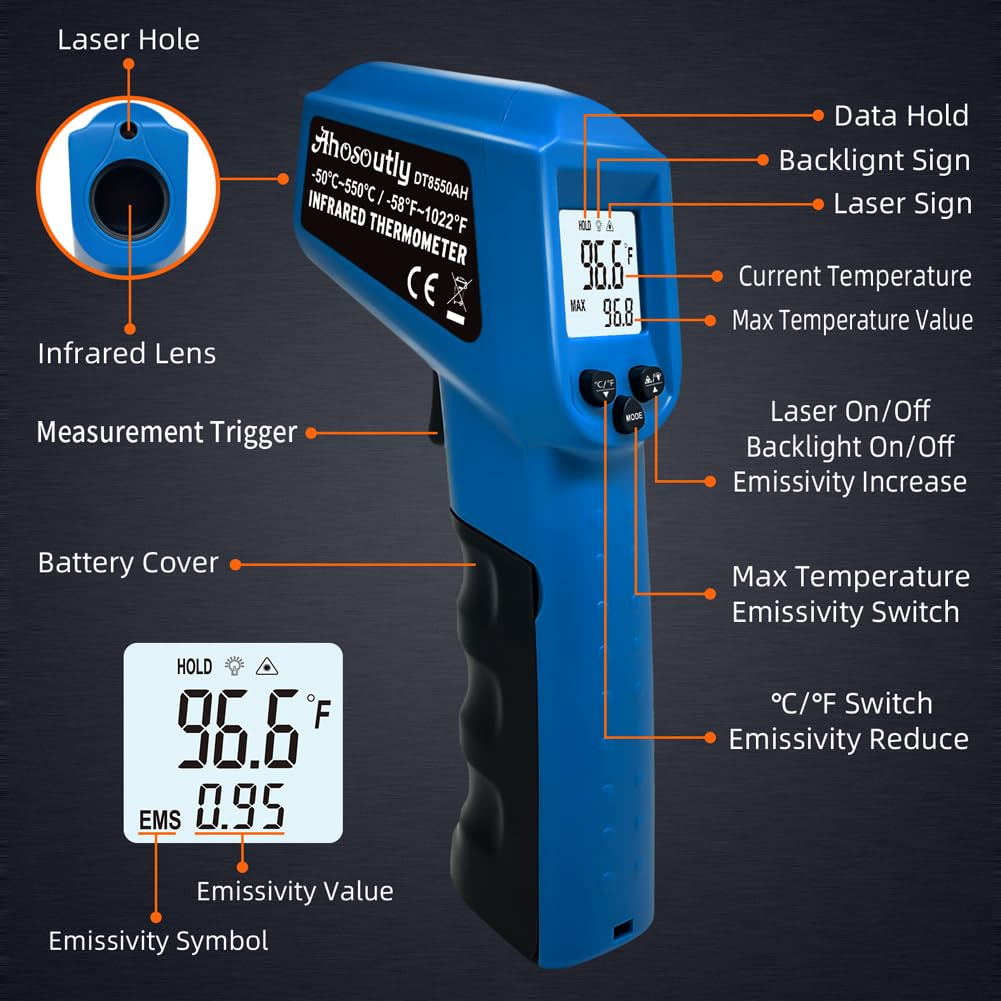 Ahosoutly Infrared Thermometer Temperature Gun - 58 ℉~1022 ℉ (- 50 ℃~550 ℃) Non-Contact Digital Laser Infrared Ir Thermometer for Cooking, Barbecue, Food, Repair (Blue)