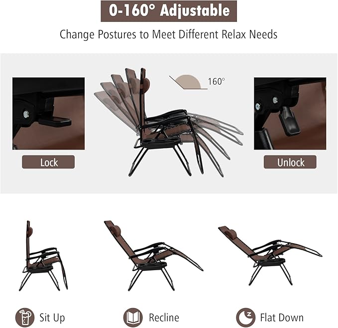 Tangkula Set of 2 Zero Gravity Chair, Folding Patio Lounge Chair Adjustable Outdoor Recliner with Cup Holder, Wide Armrest for Patio Garden Poolside Outdoor Yard Beach, Support 350 lbs (2, Brown)