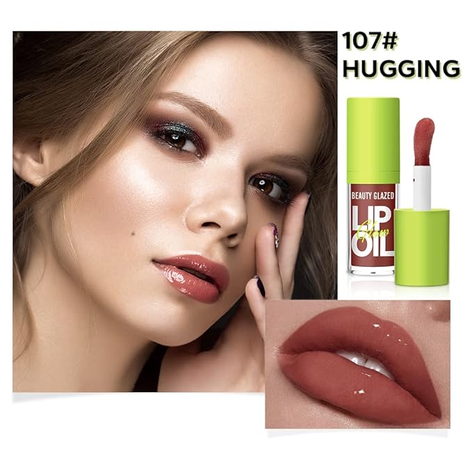 Beauty Glazed Big Brush Head Lip Oil, Ultra-Hydrating & Nourishing, Smooth Glossy Finish Glow Shiny and Vegan Tinted Gloss, Non-Sticky Formula (107# HUGGING, 1) 0.14 Fl Oz