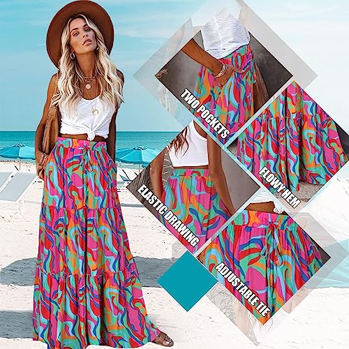EARKOHA Womens Boho Maxi Skirt 2026 Summer Cruise Casual High Waist Tie Flowy Long Skirt with Pockets For Beach Vacation