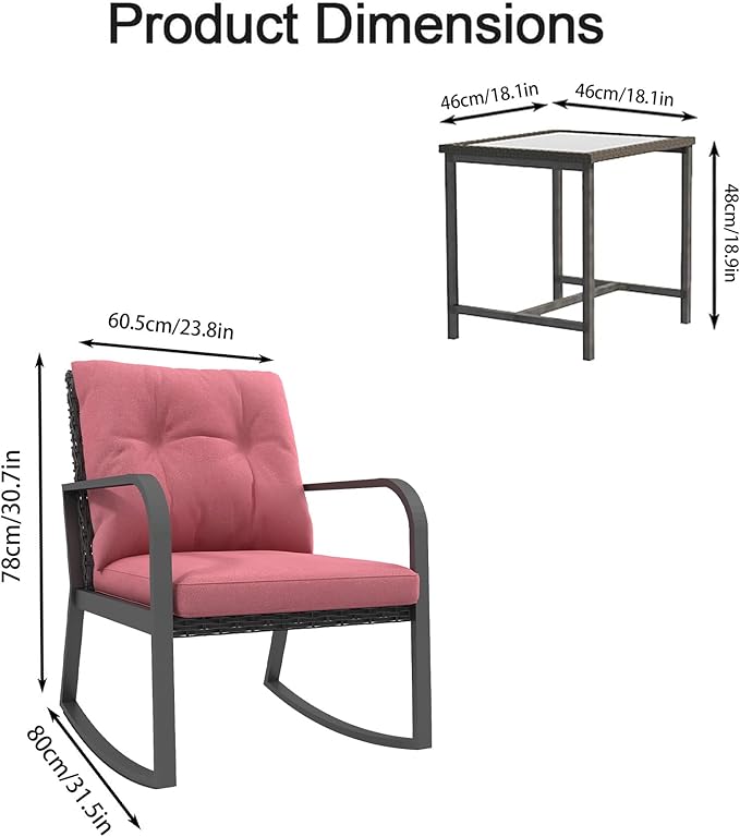 HLNPTN 3 Piece Rocking Bistro Patio Set, Outdoor Rocking Chair, Outdoor Bistro Sets Wicker Patio Furniture Rocking Chairs Sectional Couch with Tempered Glass Top Coffee Table & Cushions, Red