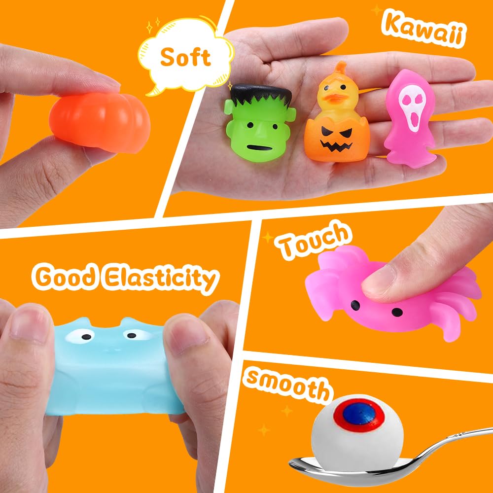 Vellibring 36 PCS Halloween Mochi Squishy Toys with Pumpkin Bucket, Kawaii Squishies Mini Stress Relief Toys Glow in The Dark for Halloween Party Favors Treat Goodie Bags Stuffers for Kids Girls Boys