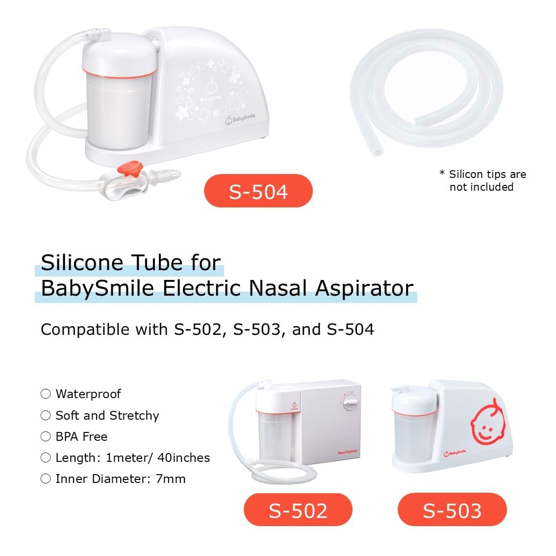 Nasal Aspirator Tube Suction Replacement Great for BabySmile S-504, S-503, S-502 (44 Inches Long) | Hospital Grade BPA Free