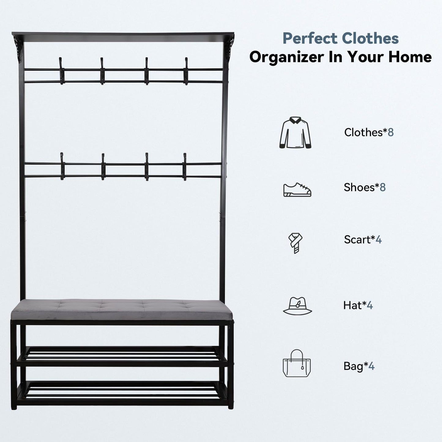 GuiMemi 4-in-1 Entryway Hall Tree with Bench & Shoe Storage, 39.3" Multifunctional Coat Rack Organizer for Mudroom, Entryway Furniture with Adjustable Cushion, 400 lb Weight Capacity.
