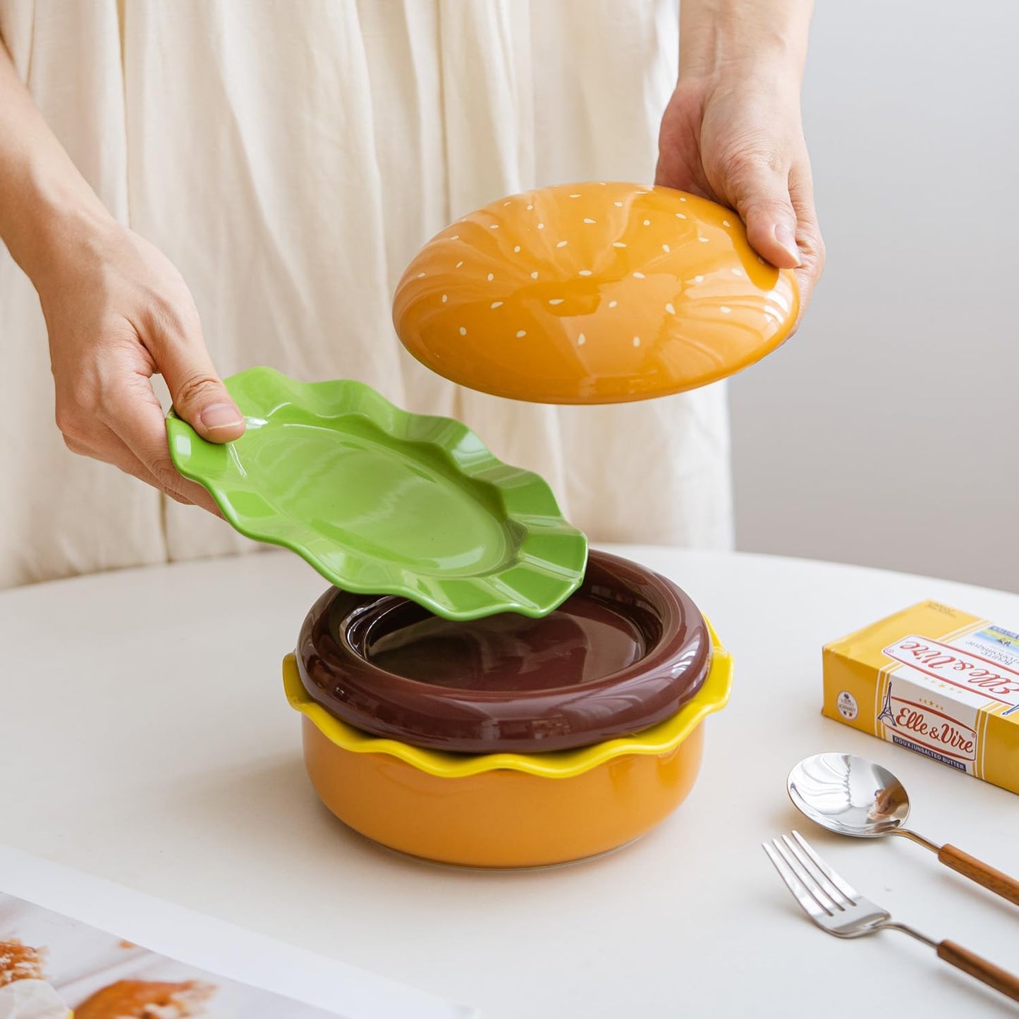 Ceramic Bowls & Plates Sets, Cute Hamburg Style 5-Pieces Dinnerware Sets, Dinner Dessert Plates & Cereal Bowls with Lid. Novel Tableware Gift.