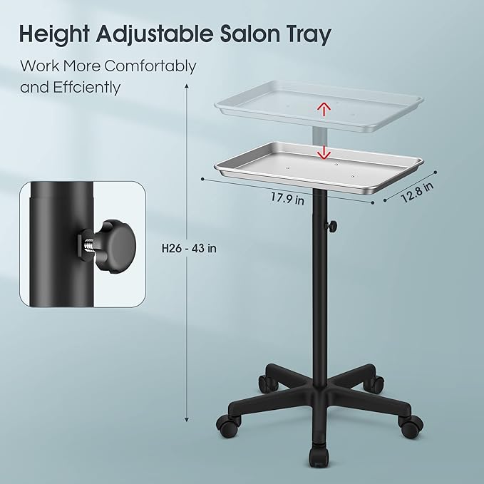 Premium Aluminum Salon Trolley Rolling Tray Silver Salon Station Tray with Wheels for Barber SPA Tattoo Clinic
