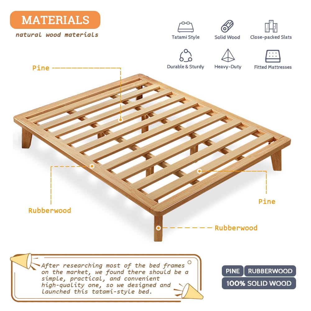 NELYE Twin-XL Platform Bed Base - 14 Inch Solid Wood Mattress Foundation with Support Slats and Legs, Twin XL Size Rubberwood Simple Bed Frame