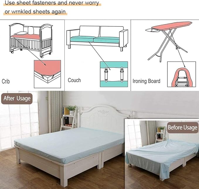 4Pcs Adjustable Bed Sheet Straps Clips, Elastic Mattress Sheet Fasteners Holder and Suspenders, Grippers to Hold Sheet, Mattress, Sofa, Couch, Table Cloth, Recliner Ironing Board Cover and More