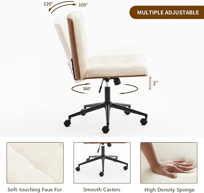 Furnimart FSC Wooden Wide Desk Chair, 360° Swivel Criss Cross Office Chair with Wheels, Comfy Cross Legged Sitting, Armless Rolling Chair for Bedroom, Office, Vanity (Faux Fur White)