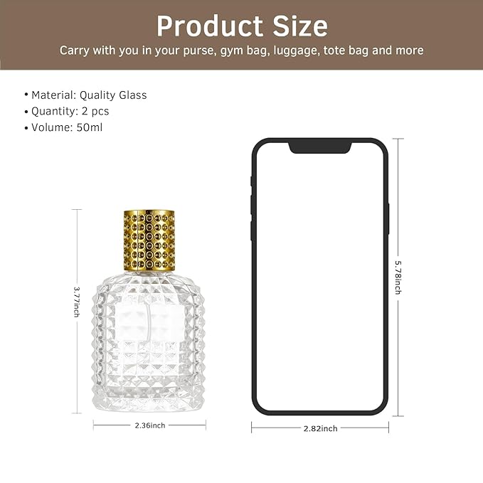2 Pack 50ml Refillable Spray Perfume Bottles, Empty Clear Perfume Atomizer, Portable Perfume Mist Spray Bottle Travel Perfume Dispenser (50ML, Silver)