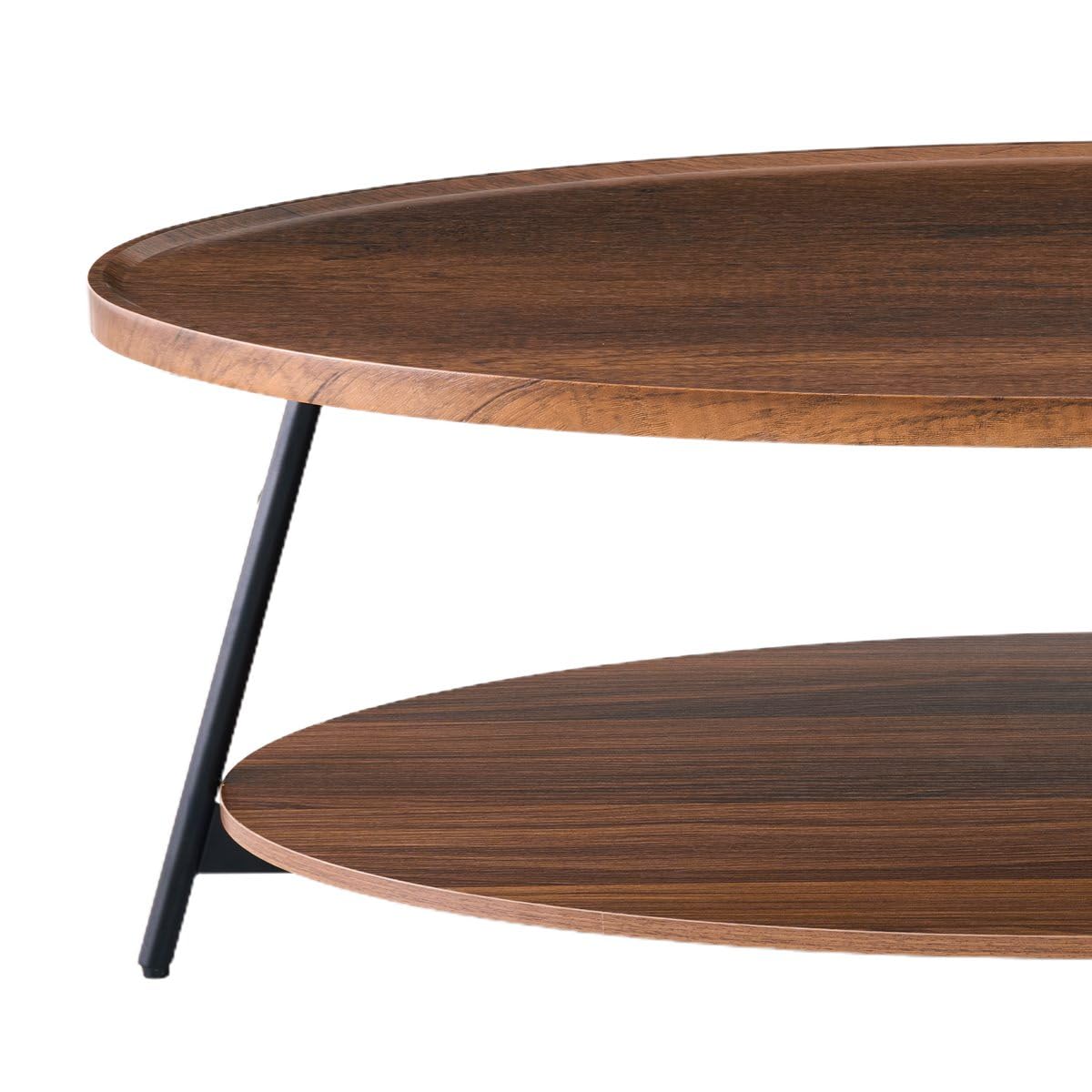 AGV Oval Coffee Table with Shelf Storage, 2-Tier Walnut Wood Finish Center Table for Living Room, Modern Asymmetrical Metal Legs, Raised Edge Sofa Table