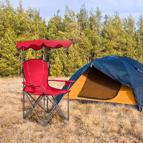 WATERJOY 24 Inches Portable Camping Chairs with Cup Holder, Folding Beach Chair with Shade Canopy