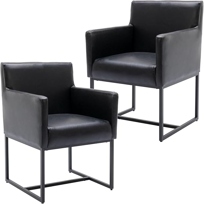 BESTANO Upholstered Dining Chairs with Arms Set of 2 PU Leather Mid Century Modern Accent Chairs Armchairs with Gold Metal Frame, Modern Kitchen & Dining Room Chairs, Black