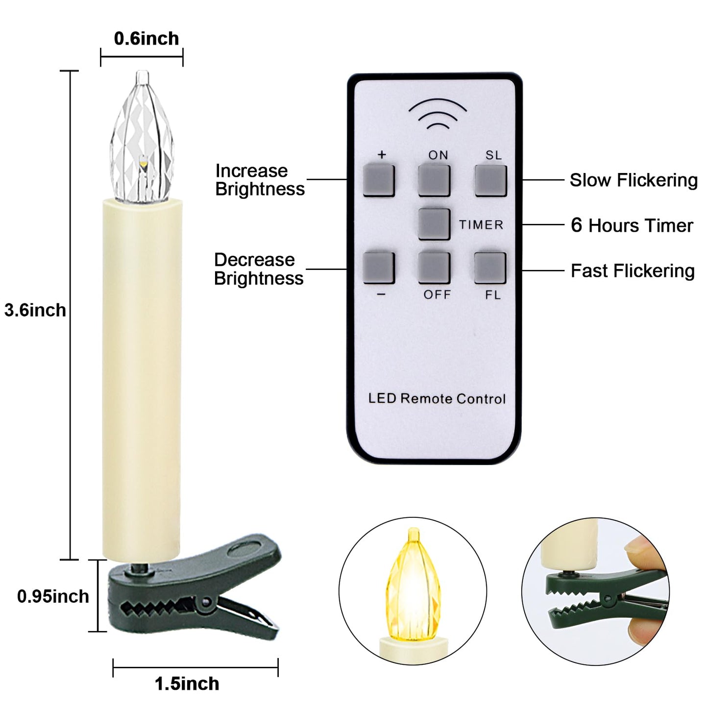 Kuandawei LED Christmas Candles, Flickering Clip on Candles for Christmas Tree, Battery Operated with Remote Timer, Warm White Light, Flameless Taper Candle for Home Christmas Decor, Set of 30