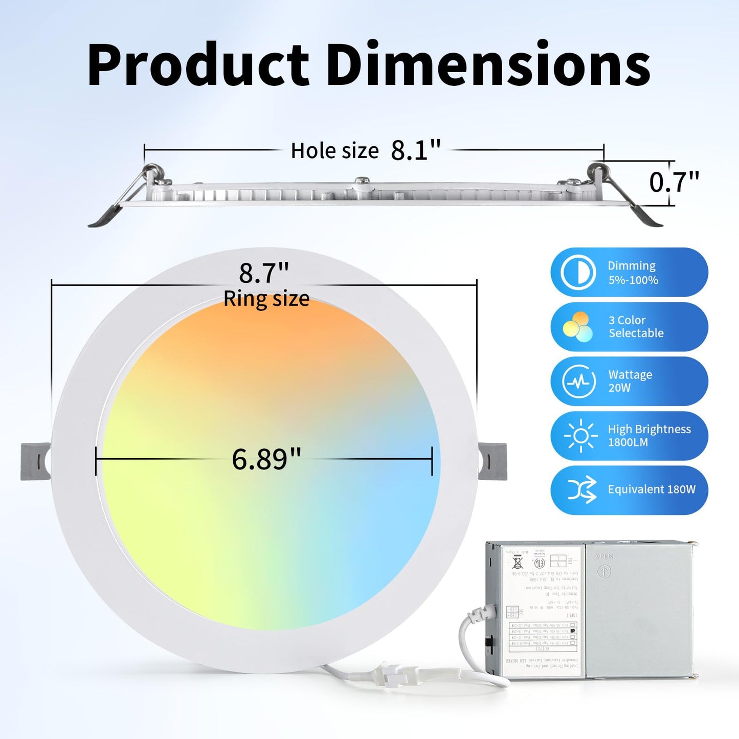 LZHOME 24 Packs 8 Inch Recessed LED Light: Ultra Thin LED Recessed Lighting with Junction Box, 3000K/4500K/6000K Selectable,Ceiling Light, High Brightness 1800LM Dimmable Canless LED Downlight