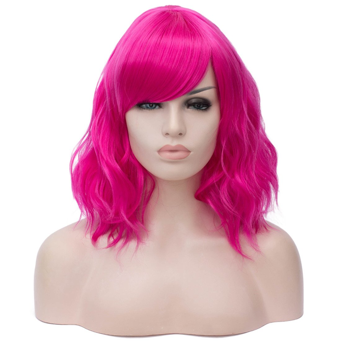 BUFASHION 14 Women's Pink Wavy Curly Wig - Heat Resistant Synthetic Hair, Bob Style with Side Bangs - Halloween, Cosplay & Party