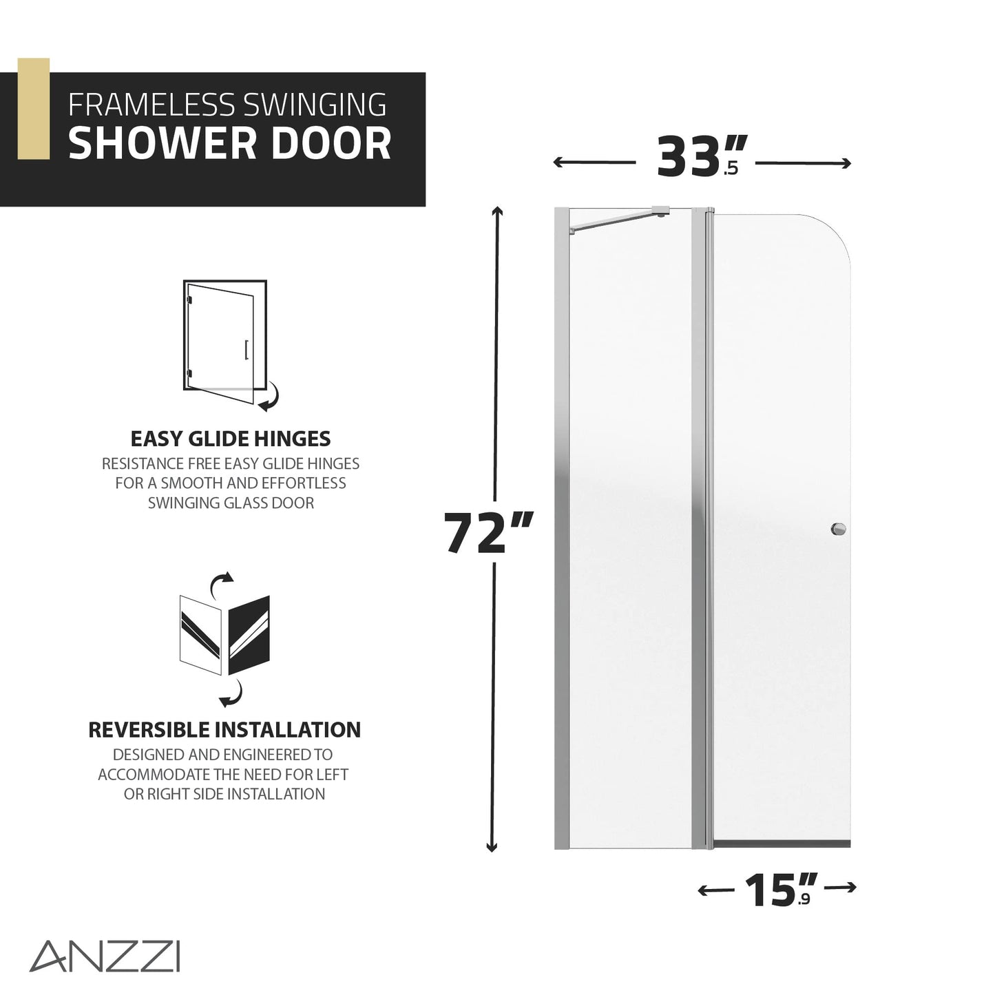 ANZZI 72-in. x 33.5-in. Frameless Swinging Shower Door, Resistance Free Hinges for Smooth Opening and Closing, Reversible Installation, Clear Tempered Glass in Chrome Finish (SD-AZ14-01CH)