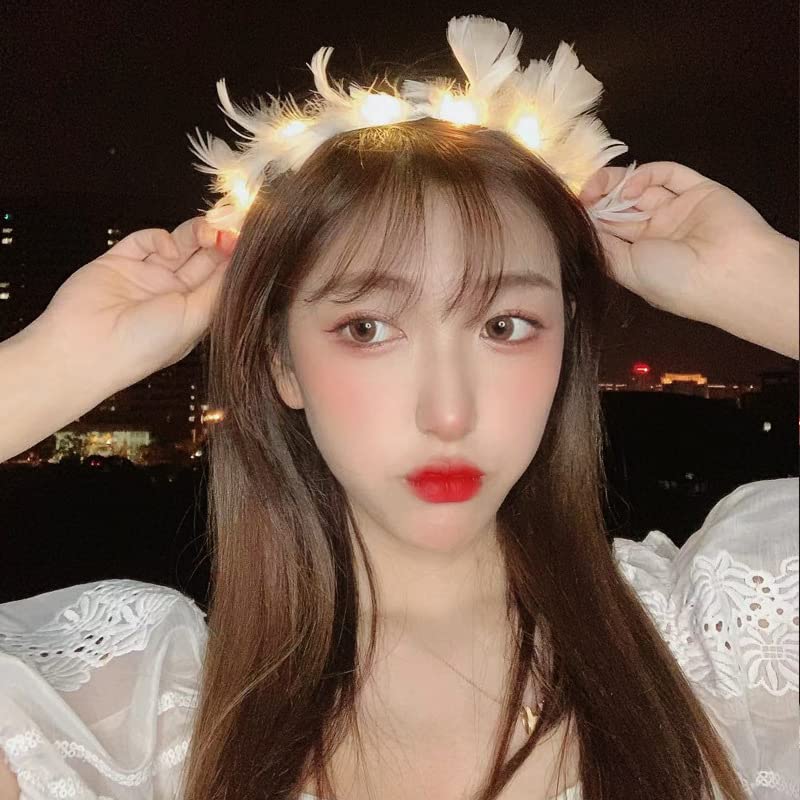 winvin LED Feather Wreath Crown Headband Light-Up Angel Halo Headband For Girl Women Festival Holiday Wedding Party Cosplay