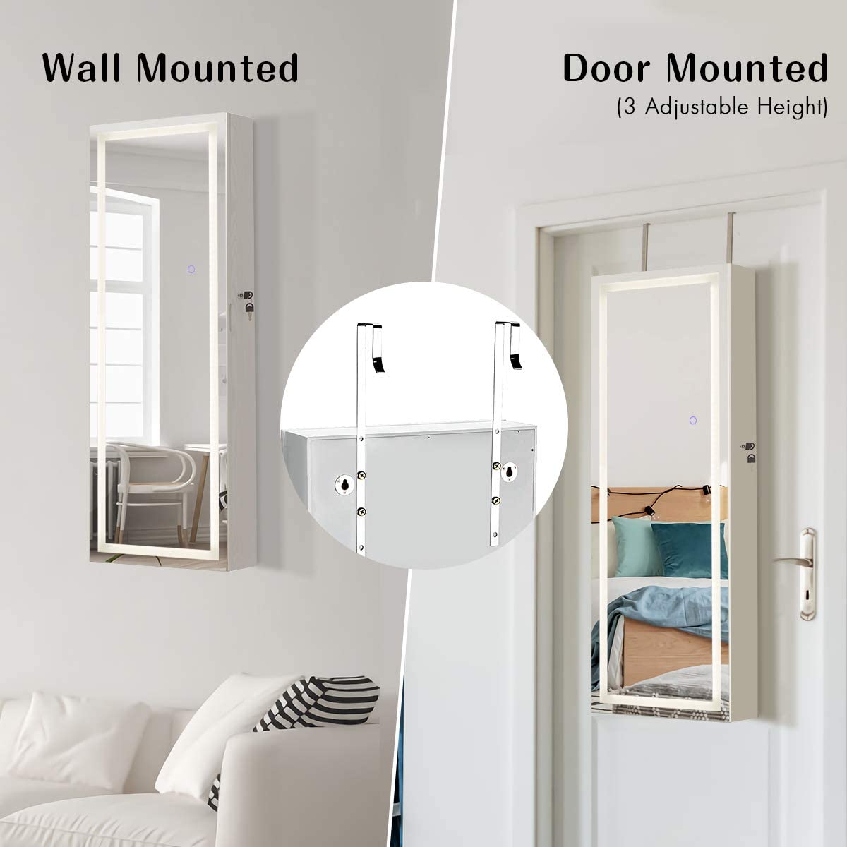 OFFICEJOY 47.5’’ Wall/Door Mounted Jewelry Mirror Cabinet with 3 Adjustable Height, Lockable Jewelry Armoire with LED Touch Screen Mirror, Makeup Full Length Mirrored Jewelry Organizer (White)
