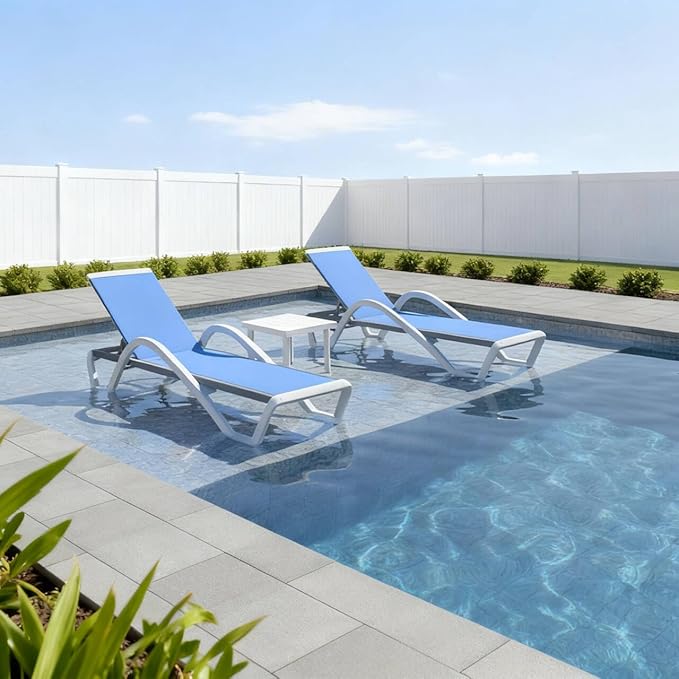 PURPLE LEAF Patio Chaise Lounge Chair Set of 3 Outside Aluminum Plastic Stackable Tanning Chairs with Armrests and Side Table for Pool Sunbathing Beach Deck Outdoor Lounger, Royal Blue