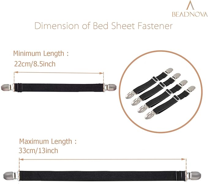 BEADNOVA Bed Sheet Straps 4 Pcs Bed Sheet Holders Fitted Sheet Clips Adjustable Sheet Suspenders Mattress Fasteners Gripper Corner Clips for Bed Mattress Cover Fitted Bed Sheets Sofa Cushion